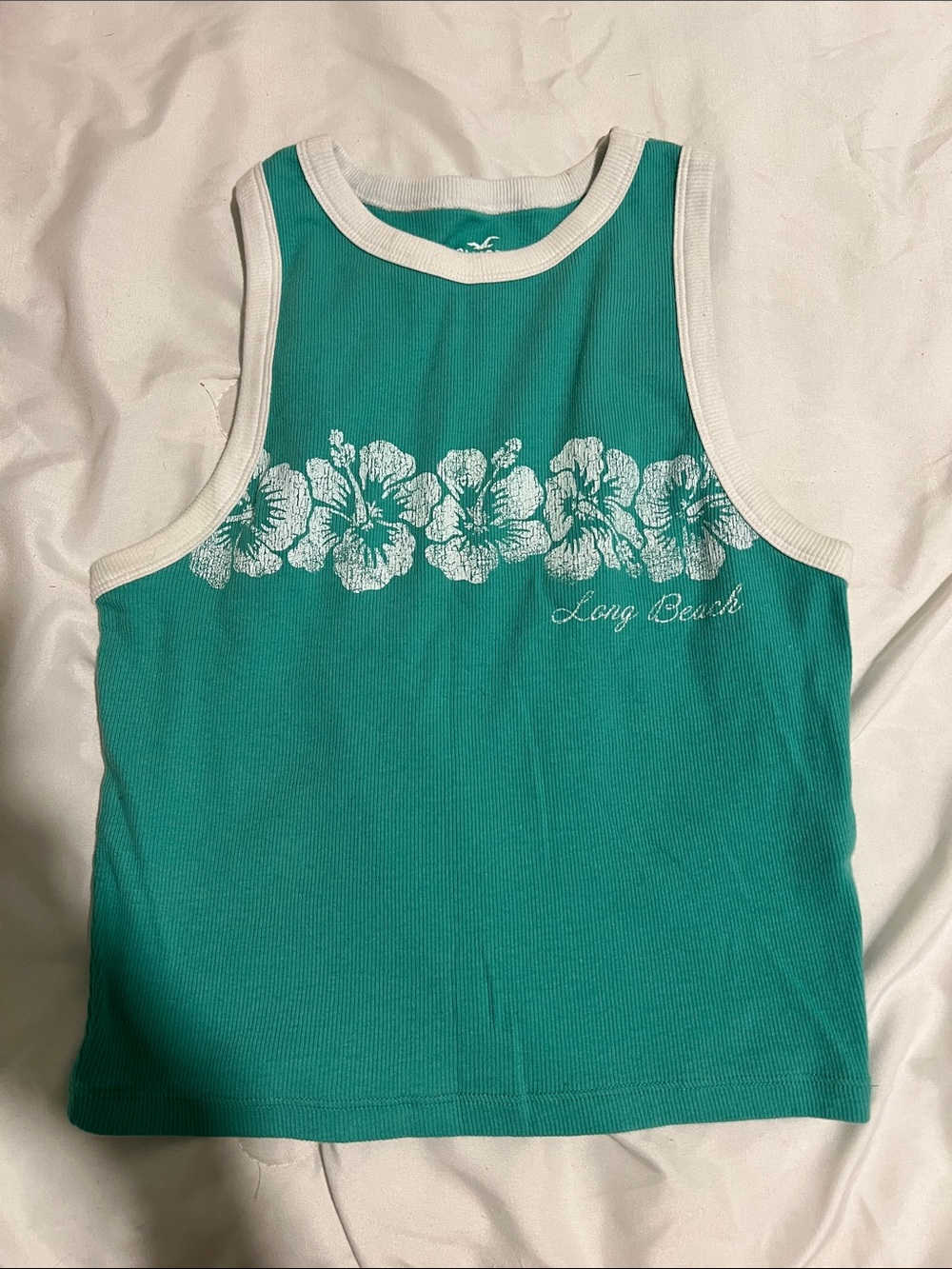 Hollister Teal Tank Top with White Floral Trim